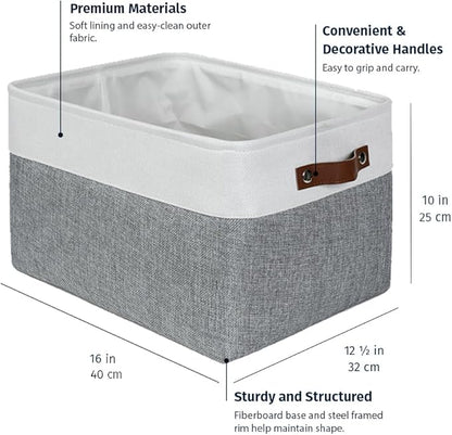 OrganiHaus 16x12.5in Canvas Storage Baskets 3 Pack | EXTRA LARGE Fabric Bins for Shelves | Linen Closet Organizer | Gray/Off-White