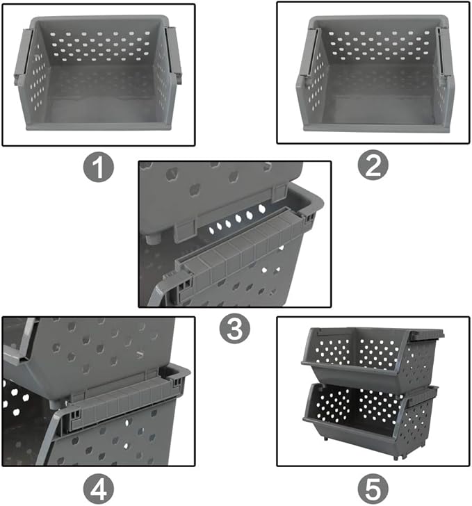 Begale 3-Pack Gray Plastic Stackable Detachable Storage Bin, Organizer Stacking Basket