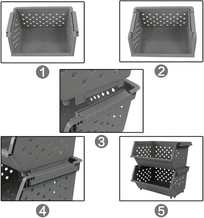 Begale 3-Pack Gray Plastic Stackable Detachable Storage Bin, Organizer Stacking Basket