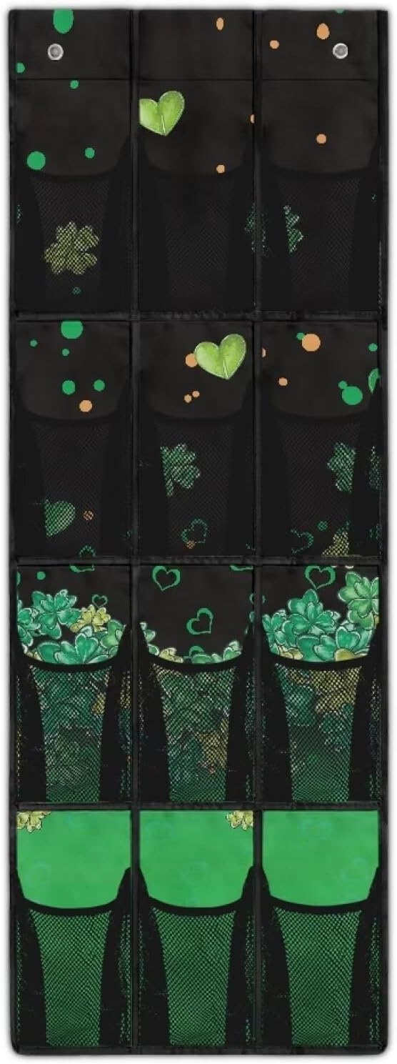 12-Pocket Foldable Door Hanging Organizer, Oxford Cloth Waterproof and Ideal for Bathroom Closet or Kitchen Storage Needs, Heart Lucky Leaf