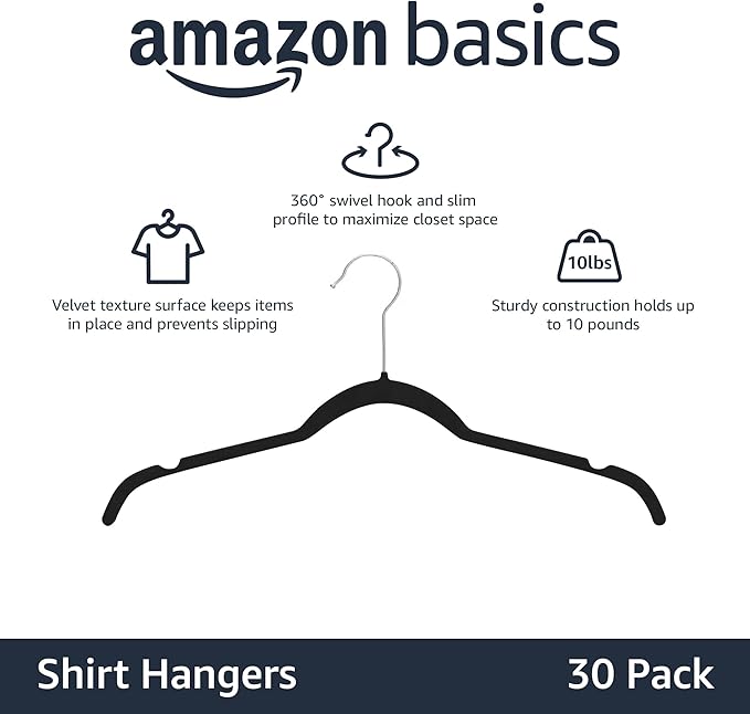 Amazon Basics Space-Saving Slim Velvet Non-Slip Clothes Hangers for Closet Organization with Shoulder Notches, Black/Silver, 30-Pack