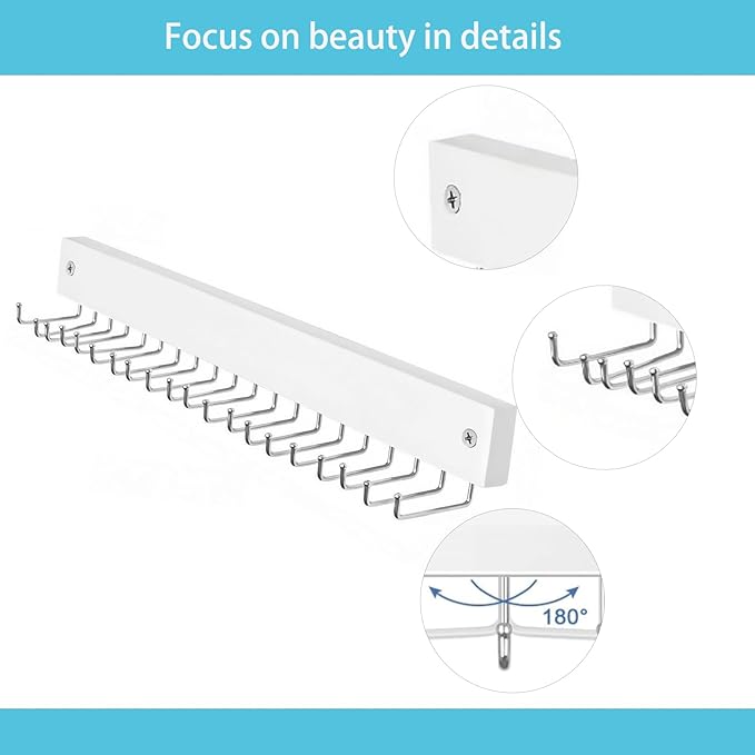 Wall-Mounted Belt and Tie Hanger, Wood Space-Saving Belt Rack with 20 Rotating Hooks - Multi-Functional Closet Organizer for Ties, Belts, Scarves & Accessories