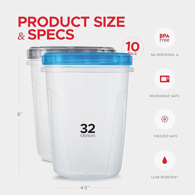 Tafura 10 Pack Leakproof Freezer Containers for Food with Twist Top Lids - 32 Oz -Black/Blue Lids