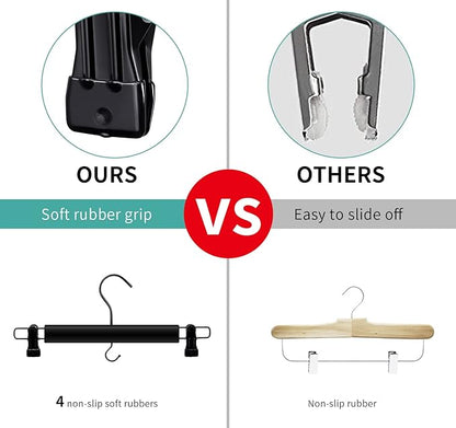Black Wooden Hangers for Pants and Skirts - 10 Pack, Premium Quality Noise Reduction Coated Hook, Durable Two-Way Sure Grip Clips, Closet Organization, Non-Slip & Space Saving