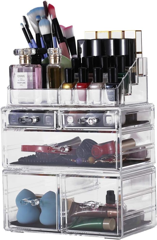 Sooyee 4 Doors Foldable Necklace Hanging Jewelry Organizer Double Sided Stand Display & 3 Pieces Clear Acrylic Cosmetic Storage Drawers and Jewelry Display Box,Clear