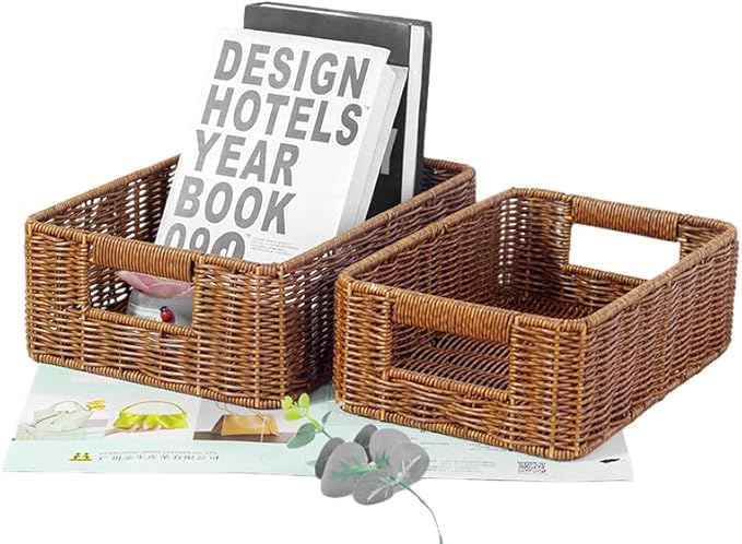 Plastic Storage Baskets for Shelves and Cabinets, Wicker Storage Baskets for Shelves, Pantry Baskets Organization and Storage, Water-Resistant and Durable(Set of 2, Dark Brown)