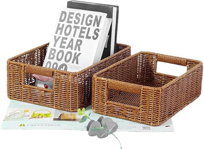 Plastic Storage Baskets for Shelves and Cabinets, Wicker Storage Baskets for Shelves, Pantry Baskets Organization and Storage, Water-Resistant and Durable(Set of 2, Dark Brown)
