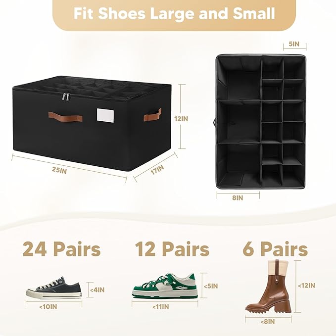 Shoe Organizer for Closet, Large Shoe Storage Box Container with Clear Cover,Foldable Shoe Storage Bins with Adjustable Divider,Space Saving Shoes Box with 4 Handles,Fits 12-24 Pairs (Black, large)