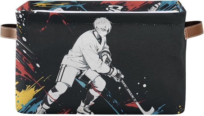 Storage Basket Hockey Player Durable Canvas Collapsible Toy Box Organizer Bin with Handles for Shelf Closet Bedroom Home Office
