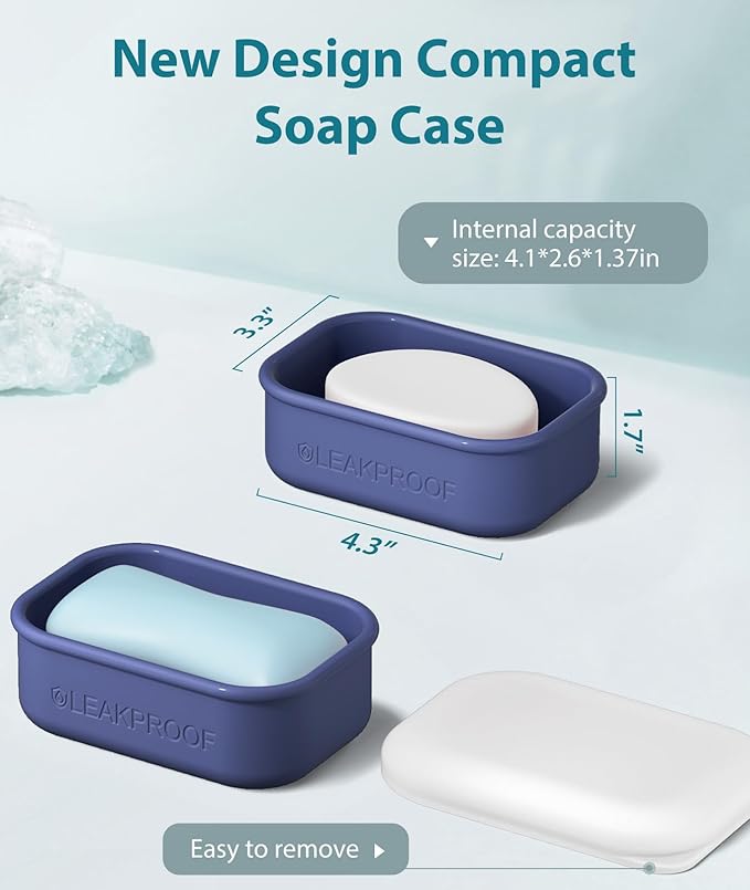 Quatish Compact Leakproof Travel Soap Case, Silicone Soap Box with Draining Layer, Enhanced Soap Container, Suitable for Camping, Gym, Bathroom, Outdoor Essentials, Blue