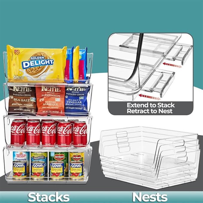 Sorbus Stackable Storage Bins Open Front - Clear Stackable Storage Bins - Pantry Bins for Storage and Organization - Acrylic Stackable Bins for Kitchen - Clear Pantry Organizer Bins (Large 4 Pack)