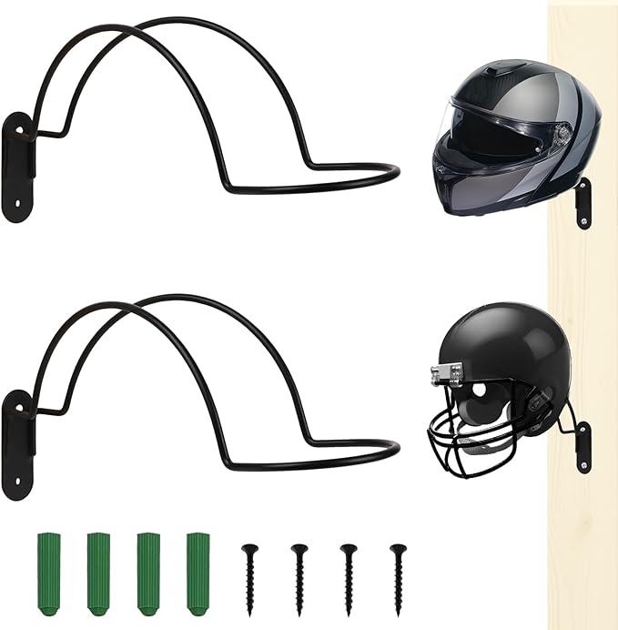 2 Pcs Helmet Wall Mount Display Rack, Metal Helmet Holder Wall Hanger Bracket, Motorcycle Helmet Rack with Mounting Screws for Football Baseball Equestrian Helmet & Hat Storage, Black