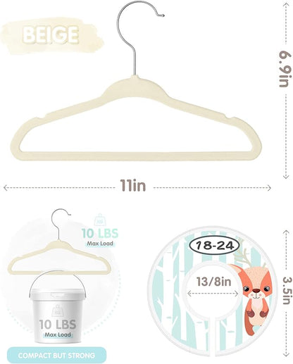 VIS'V Baby Hangers, 11 Inch Velvet Kids Hangers with 6 Pcs Clothes Size Dividers, Infant Toddler Nursery Closet Organization, Non Slip, Beige, 50 Pcs