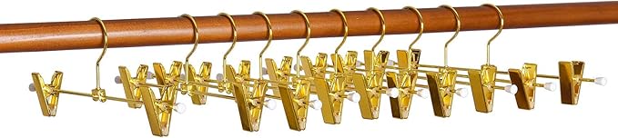 Amber Home 10 Pack Shiny Gold 12 Inch Metal Pants Skirts Hanger, Sturdy for Slacks Trousers with 2 Adjustable Non Slip Clips and Swivel Hook (10 Pack)