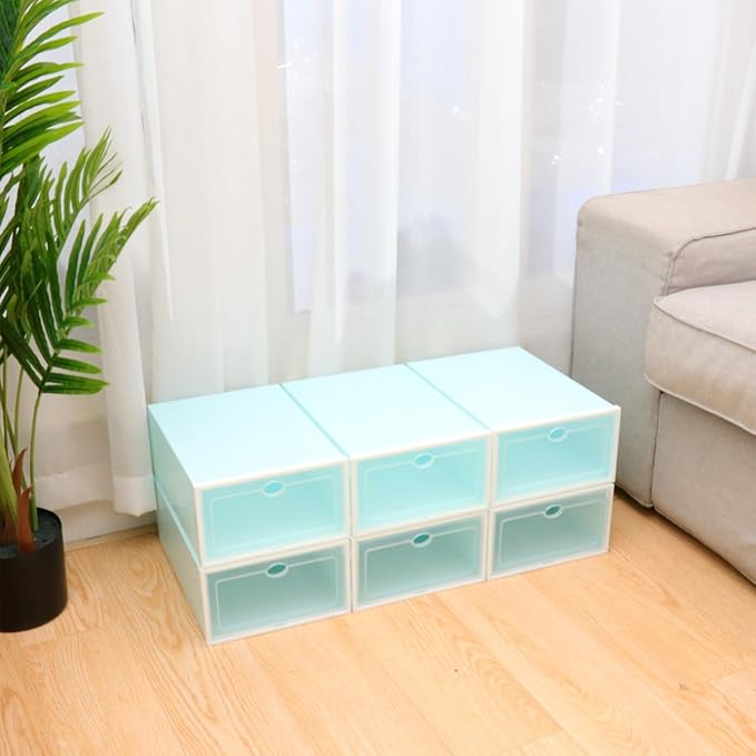 Stackable Shoe Storage Boxes 6pcs Thick Plastic Shoe Organizers with White Frame and Blue Lid for Men’s Closet Space-saving