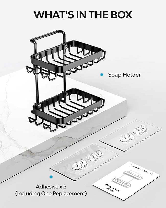 Nieifi Adhesive 2 Tier Bar Soap Holder, Stainless Steel for Shower Wall, Soap Dish for Bathroom, Black