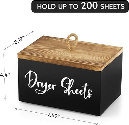 Wood Dryer Sheet Holder - Laundry Sheets Container with Lid - Farmhouse Laundry Room Organization and Storage for Laundry Room Decor and Accessories - Fabric Sheet Dispenser, Black