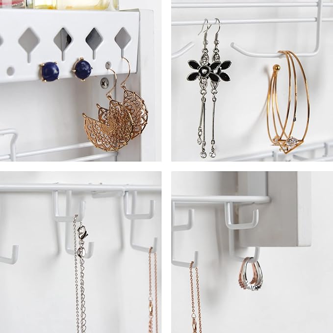 JackCubeDesign - Wood Wall Mount Jewelry Organizer with Metal Hooks for Necklaces, Ring, Earrings (White Wood) - MK460C