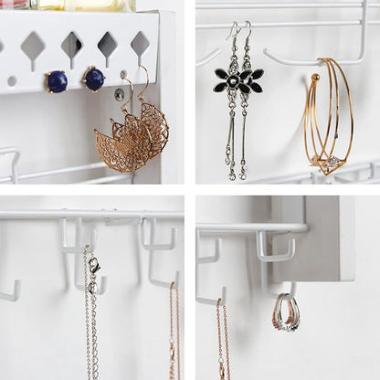 JackCubeDesign - Wood Wall Mount Jewelry Organizer with Metal Hooks for Necklaces, Ring, Earrings (White Wood) - MK460C