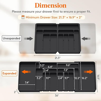 Lifewit Silverware Drawer Organizer, Expandable BPA Free Plastic Utensil Tray for Kitchen, Adjustable Flatware Cutlery Holder for Spoons Forks Knives, 21.3- 36 x 16.9", Black