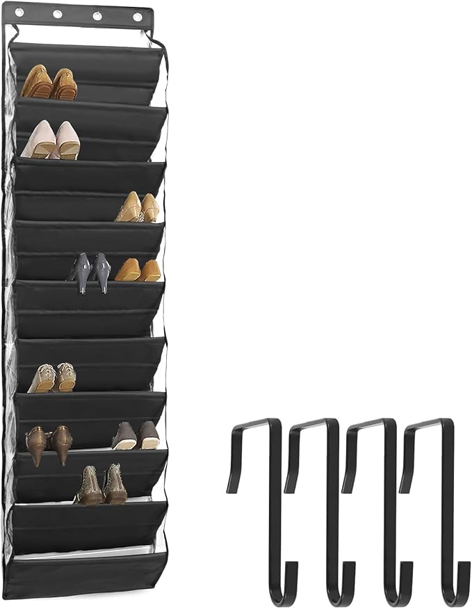 Over The Door Shoe Organizer, 10 Tier Cloth Hanging Shoe Rack, Vertical Over The Door Shoe Rack, Space Saving Over The Door Shoe Storage with 4 Hooks for Sneakers Boots