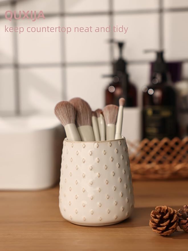 Ceramic Makeup Brush Holders, Farmhouse Bathroom Vanity and Countertop, Brushes Cup for Bathroom Cosmetics, Lipsticks, Vanity Desktop Storage (Vintage White)
