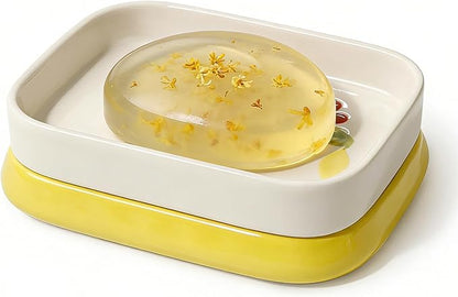 Ceramic Soap Dish, Handpainted Farmhouse Self Draining Soap Holder, Double Layer Bar Soap Holder with Floral Design, Decorative Soap Dish for Bathroom Shower Kitchen Sink, Keeps Soap Dry, ANTIS'S HOME