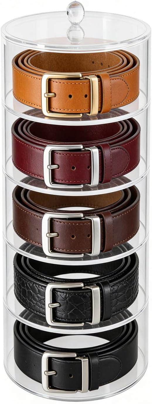 5 Layers Acrylic Belt Organizer, Stackable Storage Box Clear Display Case for Belts, Jewelry, Watches, Hair Accessories, Vanity and Closet, 2.6 Inch Height by 5.5 Inch Diameter