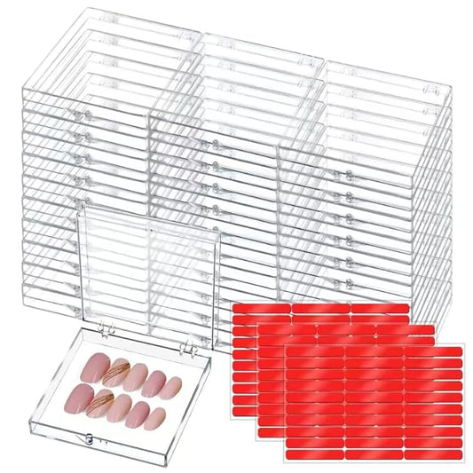 CloudTrip 30Boxes Large (8 x 8cm) Press On Nail Packaging Storage Box and 90pcs Adhesive Tabs - Acrylic Organizer Case for Artificial Nail for Nail Business Supplies (clear, L)