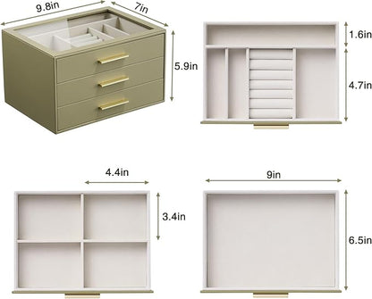 Jewelry Box Organizer Case for Women: 3-Layer Jewelry Storage Case with Glass Window, Olive Green Leather with Cream Velvet, Holder for Ring Necklace Bracelet Brooch Watch, Great Gift for Her