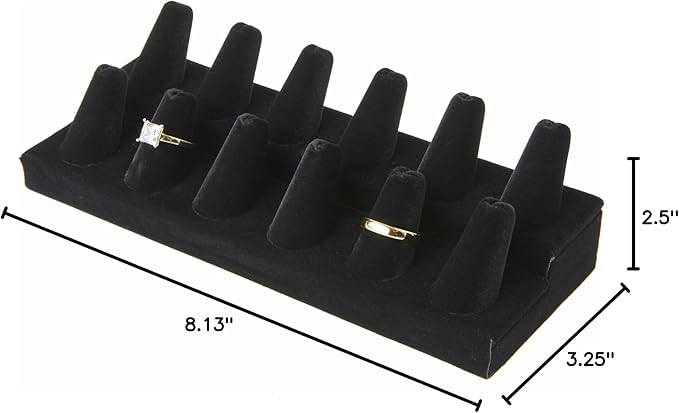 Plymor Black Velvet 2-Tier Ring Finger Display, Twelve on Rectangular Base, 8.125" W x 3.25" D x 2.5" H (Pack of 2)