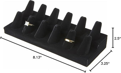 Plymor Black Velvet 2-Tier Ring Finger Display, Twelve on Rectangular Base, 8.125" W x 3.25" D x 2.5" H