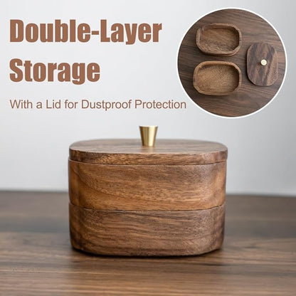Acacia Wood Qtip Holder Bathroom Jars with Lids, Double-Layer Canisters for Cotton Ball/Round/Pads, Floss Pick Storage, Jars for Bathroom Countertop/Vanity Organizer, Home Decor