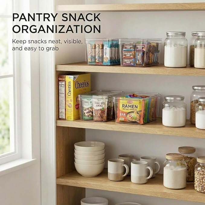 MOONEDGE Small Clear Plastic Storage Bins with Lids and Handles,Stackable Small Item Organizer Containers for Vanity,Craft,Office,Fridge,Kitchen,Pantry,Bathroom,Closet – 2 Pack (10×6×5 in)
