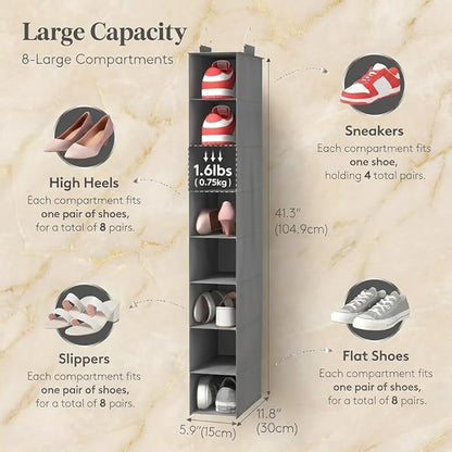 Lifewit Closet Shoe Organizer Hanging 8 Tier, Fabric Shoe Hanging Organizer for Closet, Collapsible Closet Organizers and Storage for Shelf, Wardrode, Dorm, 11.8" L X 5.9" W X 40.9" H, Gray