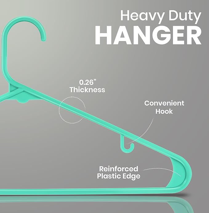 Utopia Home Plastic Hangers 50 Pack - Space Saving Clothes Hanger - Durable & Strong Closet Organizers and Storage with Built-in Strap Hooks - Essential for Shirts, Pants, Skirts & Coats (Aqua)