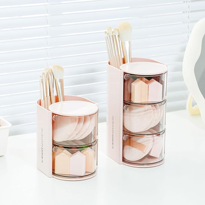 FABROK 2-Layer Clear Hair Accessories Organizer with Hair Brushes Holder, Rotatable Small Jewelry Box for Necklaces、Earring, Desktop Organizer Case for Hair Accessories, Cotton Swab(Pink)
