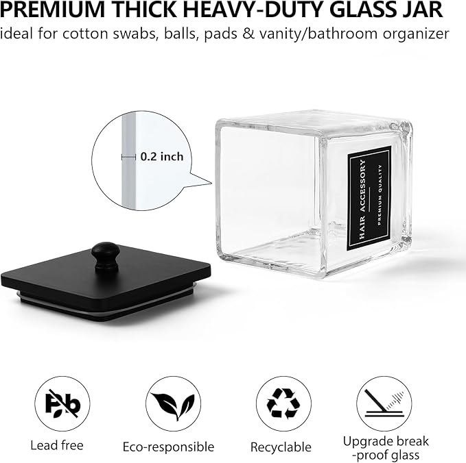 eggs sound 2 Pack Glass Qtip Holder Dispenser Set, Bathroom Canister Storage Organizer for Cotton Balls, Swabs, Pads, Floss Picks, Vanity Makeup Storage Jars with Matte Black Lids