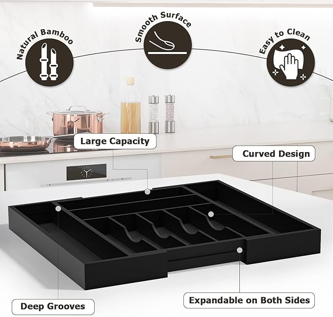 Utensil Organizer Silverware Drawer Organizer - Bamboo Expandable Cutlery Tray with Dividers for Utensil Holder Office Storage Makeup Desk Drawer Tool Organization W13.5"-19.5" x L17.5" x H2.5"(Black) | Expandable