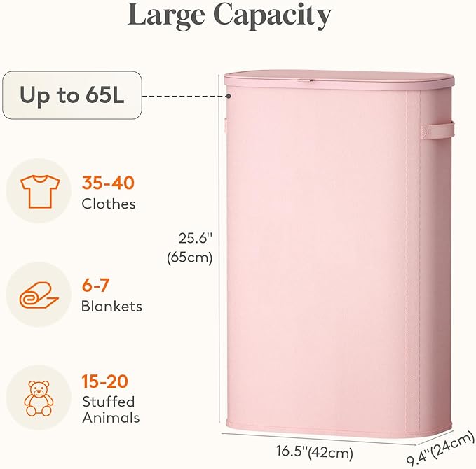 Lifewit Slim Laundry Basket with Lid, Narrow Large Laundry Hamper with Plastic Handles and Removable Bag, Tall Foldable Dirty Clothes Hampers for Laundry Room, Bedroom, Bathroom, Dorm, 65L Pink