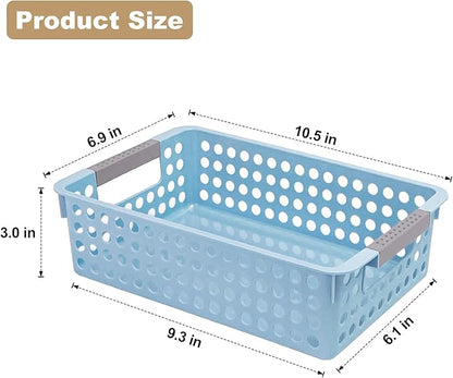 Soddeph 4 Pack Small Plastic Storage Baskets for Organizing, Stackable Bins with Handles for Shelves, Multipurpose Drawer Trays (Blue)