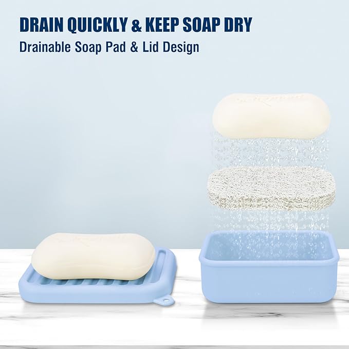Superior Leak-Proof Silicone Travel Soap Case with Drainage Lid/Layer, Compact Bar Soap Container, Durable Soap Holder for Camping, Gym, and Travel Size Toiletries (Light-Blue)