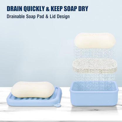 Superior Leak-Proof Silicone Travel Soap Case with Drainage Lid/Layer, Compact Bar Soap Container, Durable Soap Holder for Camping, Gym, and Travel Size Toiletries (Light-Blue)