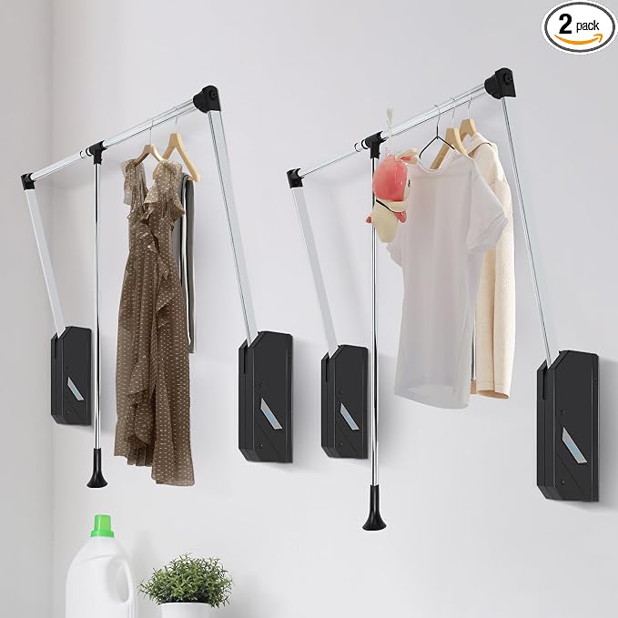 Pull Down Closet Rod 2 Pack, 60 lbs Load Capacity, Stainless Steel Adjustable 26-35 inches Soft-Close Wardrobe Lift Rail Organizer for Hanging Clothes, Two-way Buffering Side & Back Mounted Closet Rod