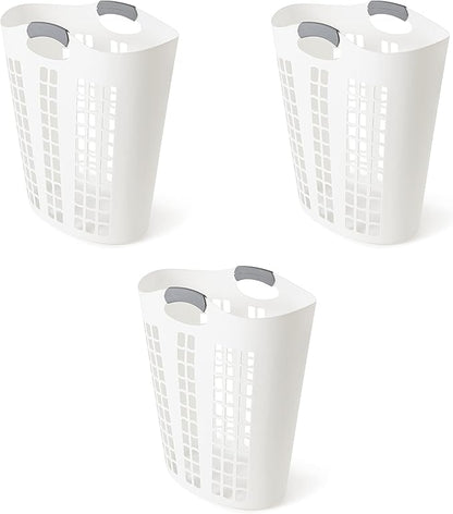 Gracious Living Easy Carry Flex Hamper, Large 87.5 Liter Lightweight Plastic Ventilated Laundry Basket Clothes Bin with Handles, White 3 Pack