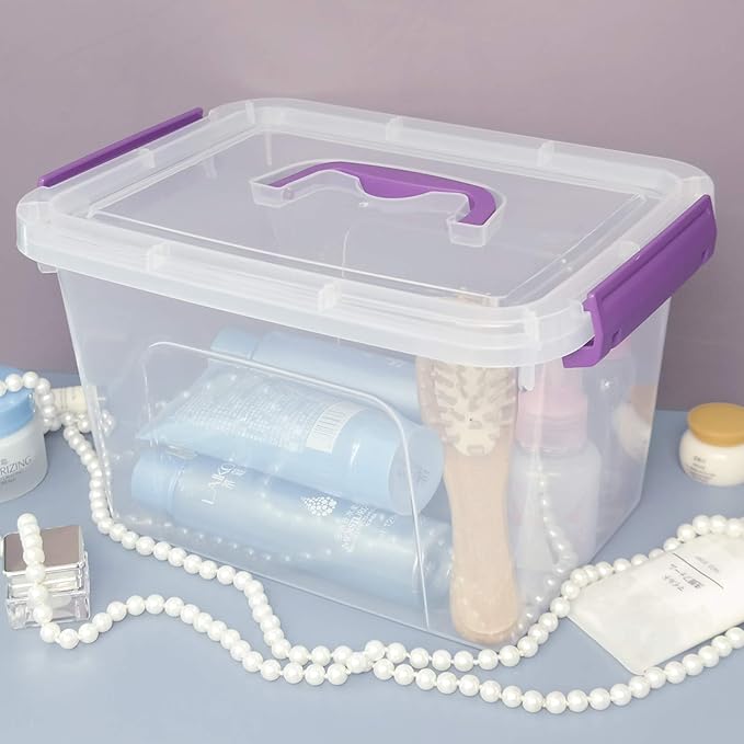 Clear Plastic Bin with Lid, 6 Quart Latching Box with Purple Handle, 6 Packs