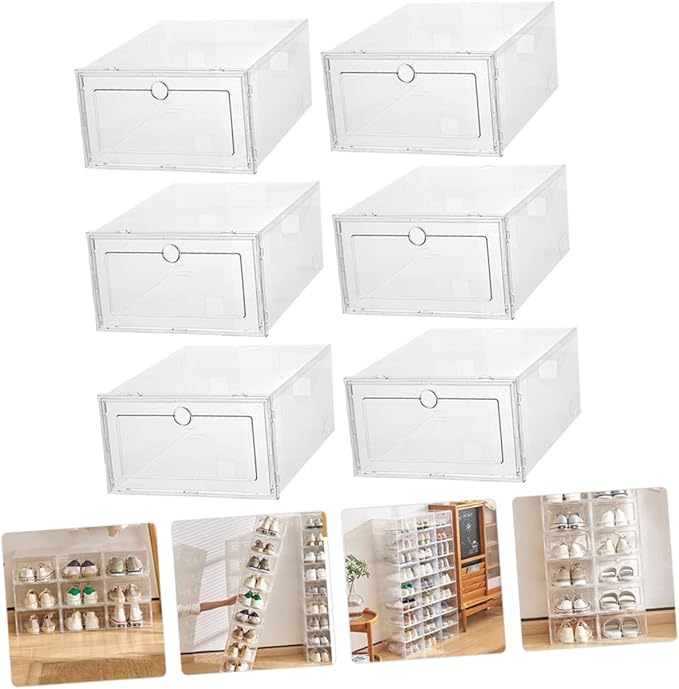 Healifty 6Pcs Transparent Shoe Storage Boxes Drawer Type Stackable Organizer Containers for Dustproof Moisture Resistant Sneakers and Shoes Plastic with Design for Easy Viewing