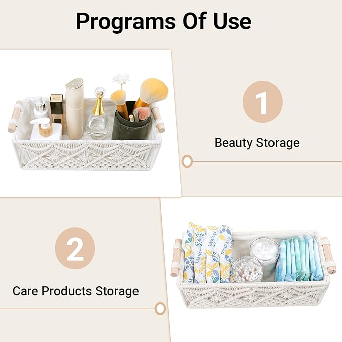 Nonam Macrame Storage Baskets, Boho Decor Style Woven Storage Boxes for Home Organization, Toilet Tank Shelf Cabinet Organizer Baskets,Set of 2-Weave White