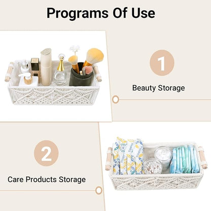 Nonam Macrame Storage Baskets, Boho Decor Style Woven Storage Boxes for Home Organization, Toilet Tank Shelf Cabinet Organizer Baskets,Set of 2-Weave White