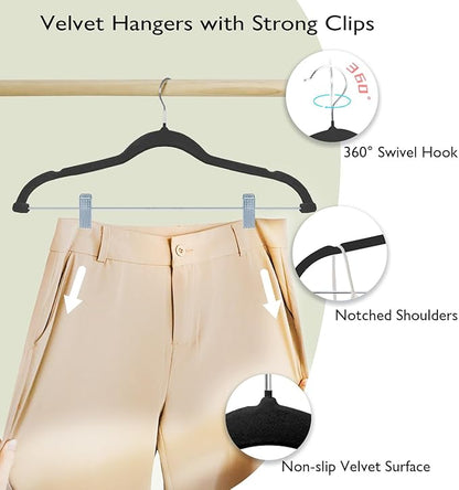ManGotree Pants Hangers with Movable Clips, Non-Slip Velvet Skirt Hangers, Space-Saving Clothes Hangers for Pants, Skirts, Shirts, Coats, Dresses (32 Pack, Black)